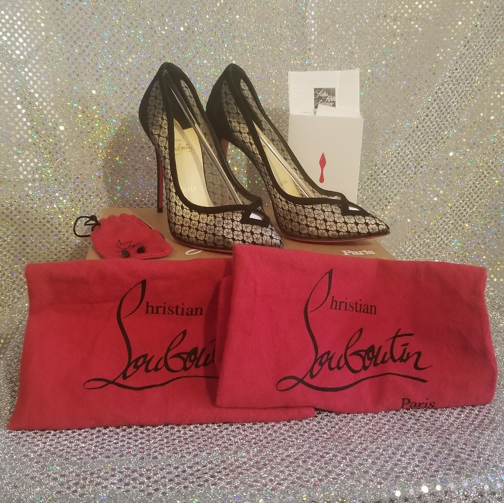 COPY - Louboutin Black Lace and Suede Neoalto 100mm Dentelle Resille Complete S…